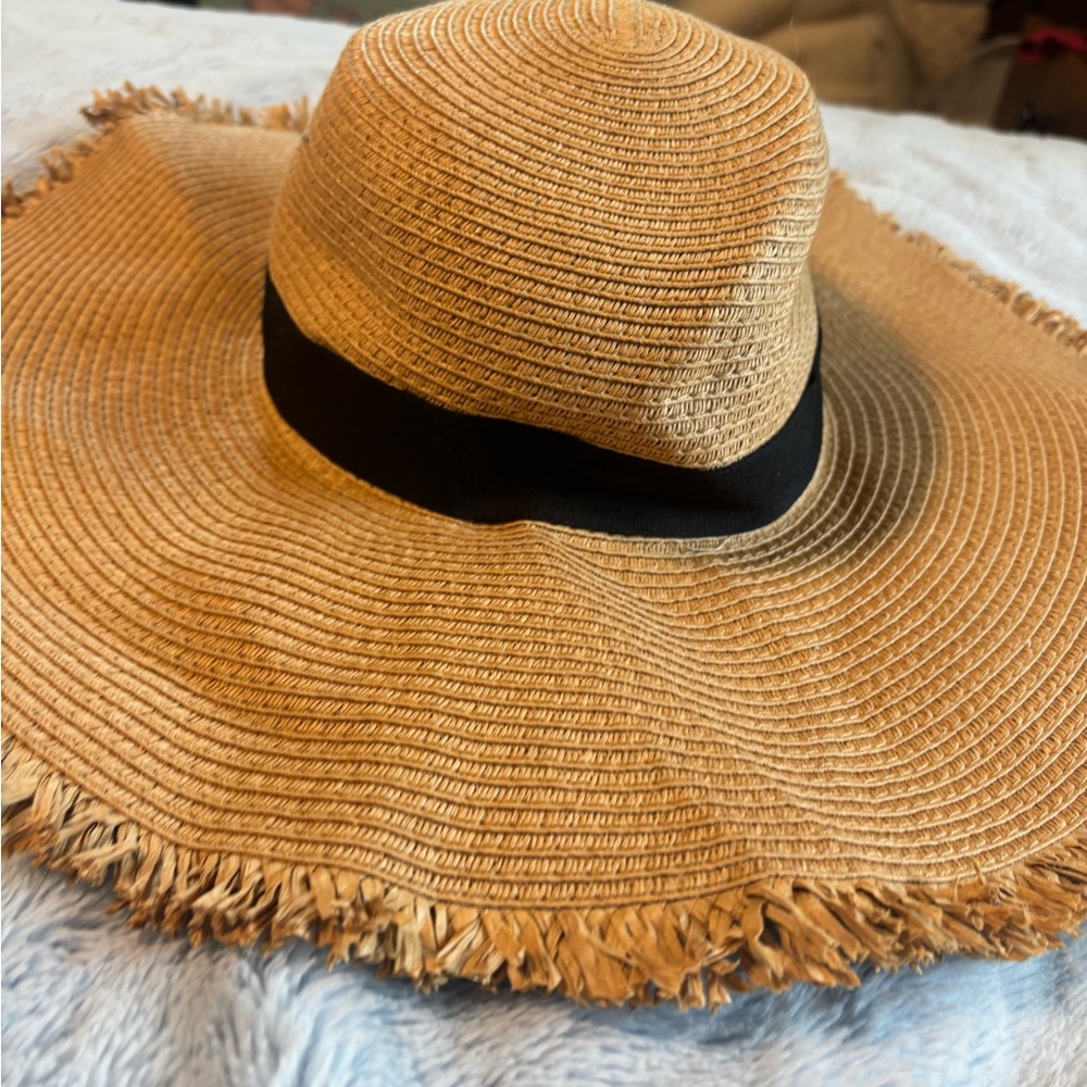 LC Lauren Conrad Tan and Black Straw Hat with Frayed Brim